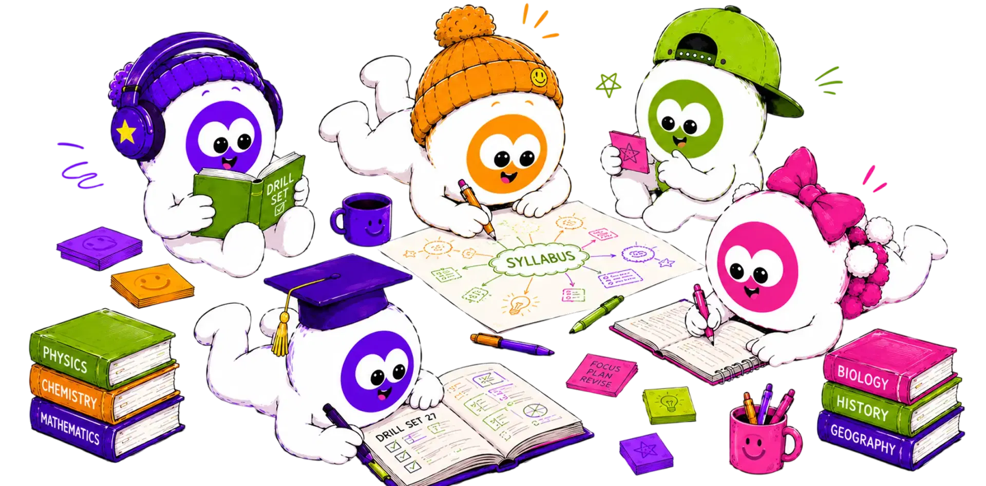 Flow mascots studying together with a drill set, a syllabus mind map and a focus plan