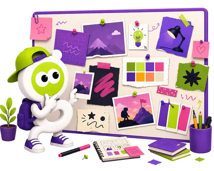 Flow Moodboard: the mascot pinning notes, images and links on one board